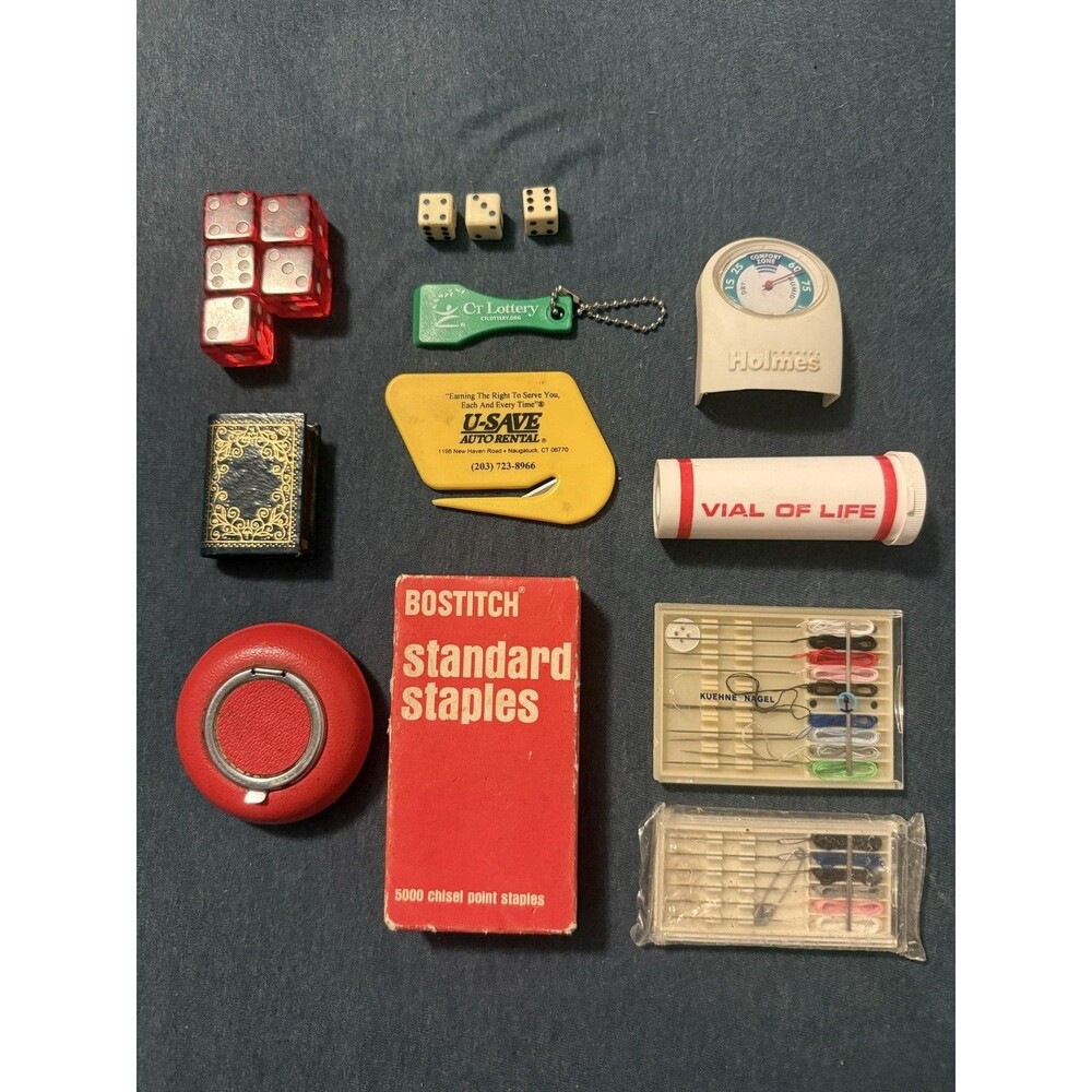 Vintage Misc Advertising Lot Dice Sewing Kit Bostitch Staples Vial Holmes